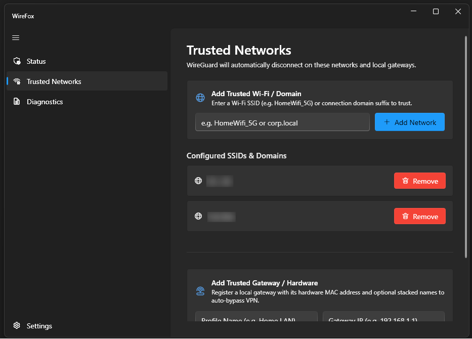 WireFox Trusted Networks Page